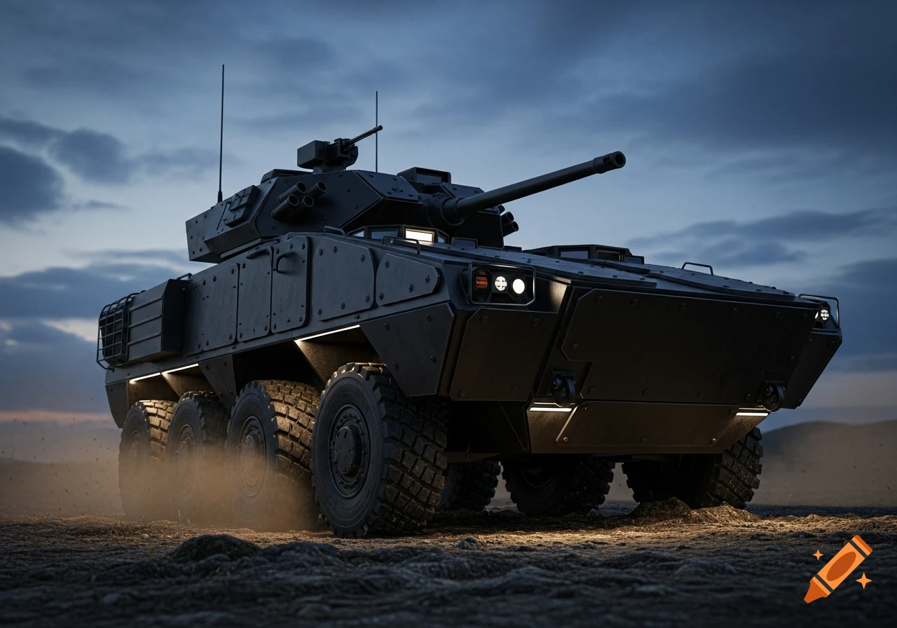 A photorealistic jet black infantry fighting vehicle drives on rugged terrain, kicking up dust under a cloudy sky.