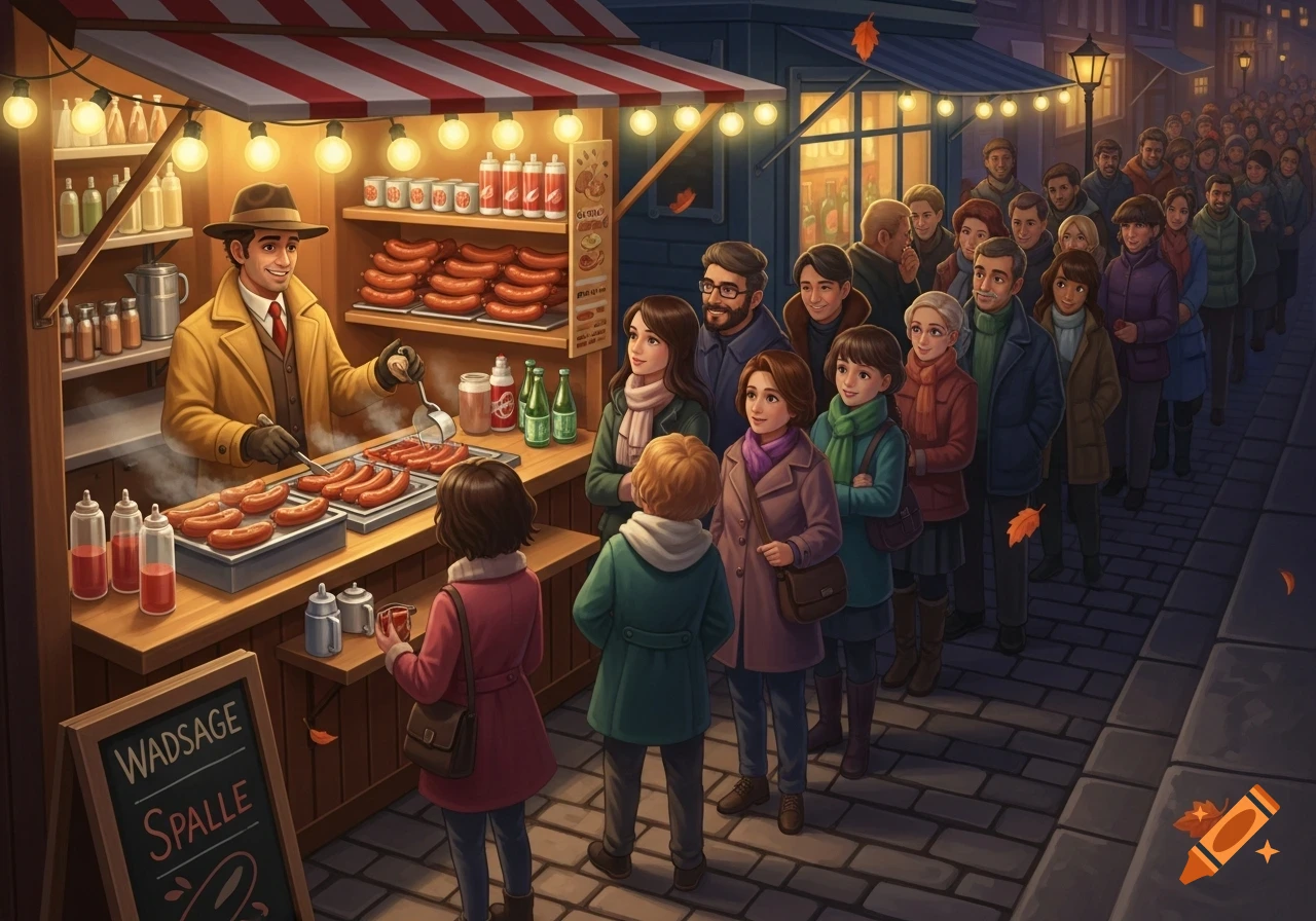 Illustrative scene of a vendor selling sausages from a street stall to a long line of people at an autumn market.
