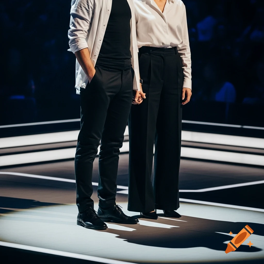 A photorealistic image of a couple from the waist down, holding hands on a stage with glowing lines. He wears black pants, t-shirt, and white open shirt; she wears a white shirt and black pants.