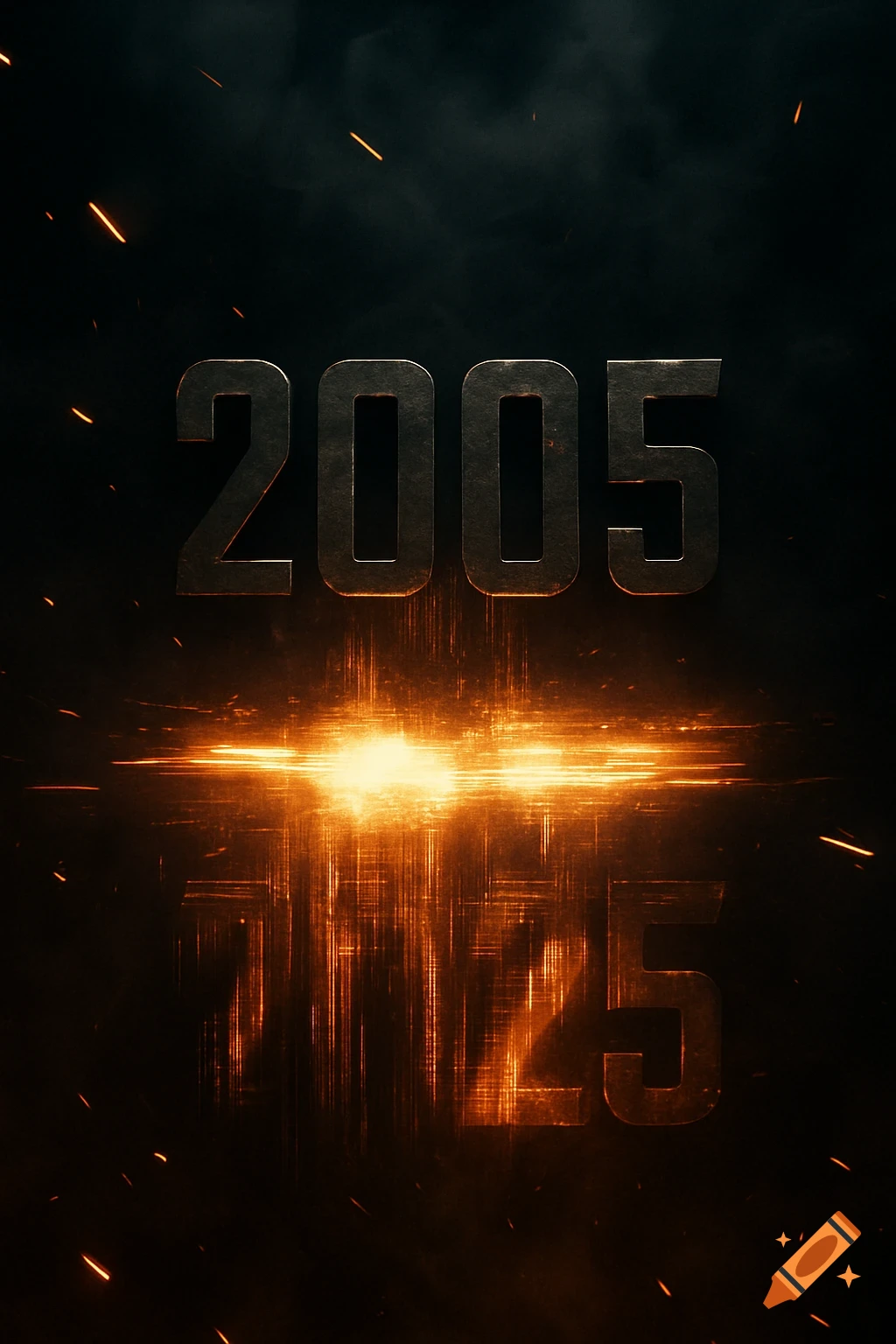 Cinematic countdown with metallic '2005' above a fiery orange light, reflecting '2025' below, against a dark, smoky background with sparks.