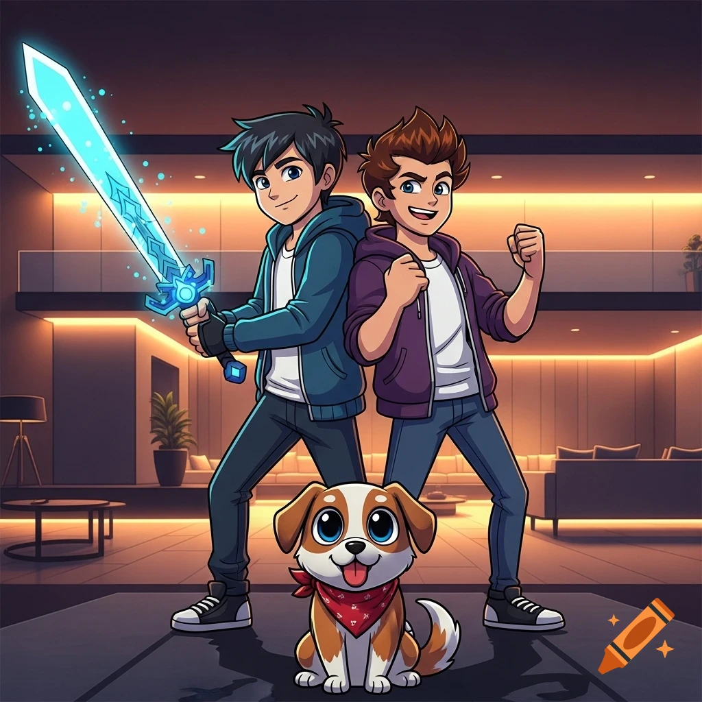 Two cartoon boys, one with a glowing blue sword and the other with raised fists, stand heroically with a cute brown and white dog wearing a red bandana in front of them, all in a modern house setting.