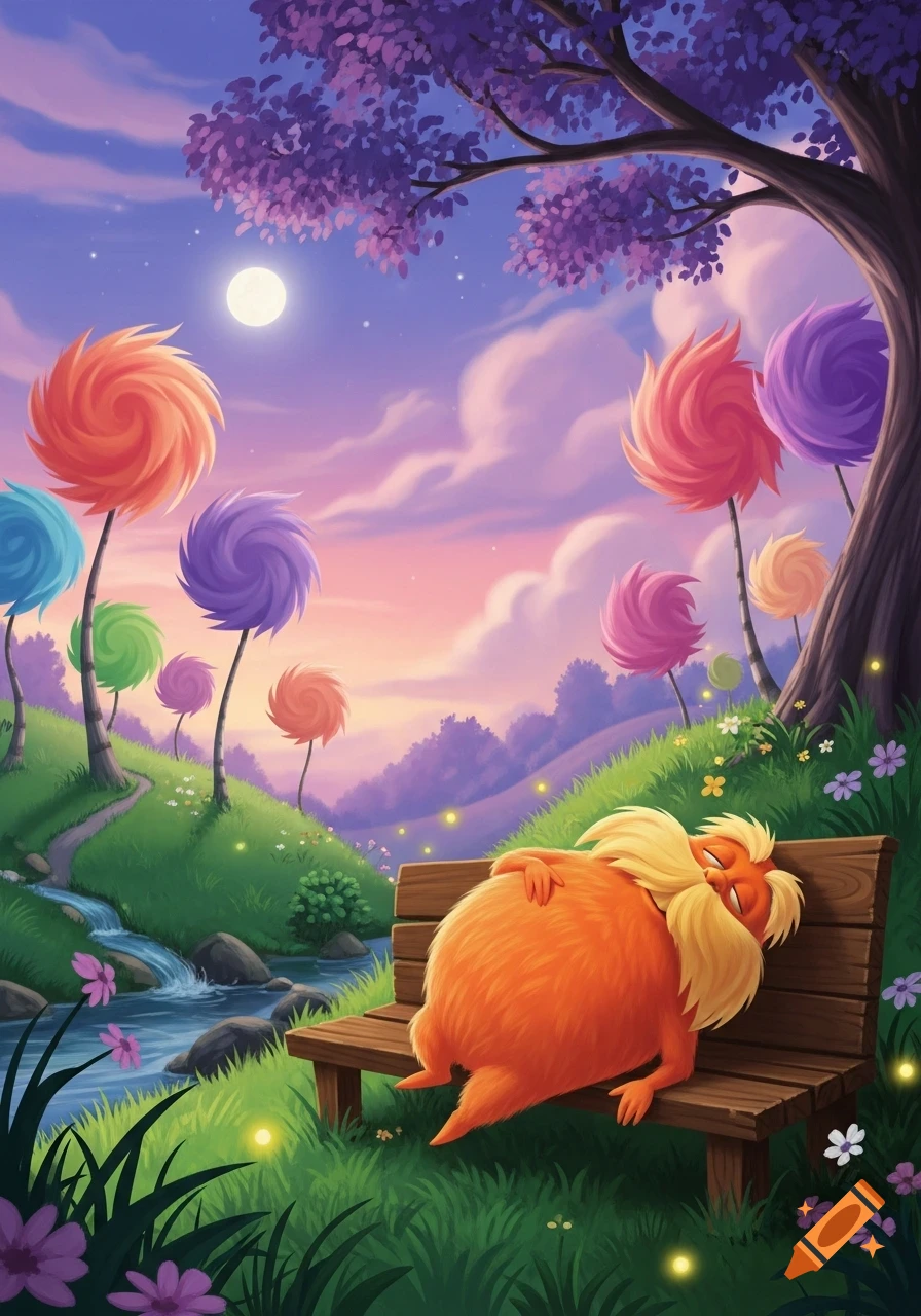 The orange Lorax with a yellow mustache naps on a wooden bench in a whimsical, colorful Dr. Seuss-style forest at dusk.