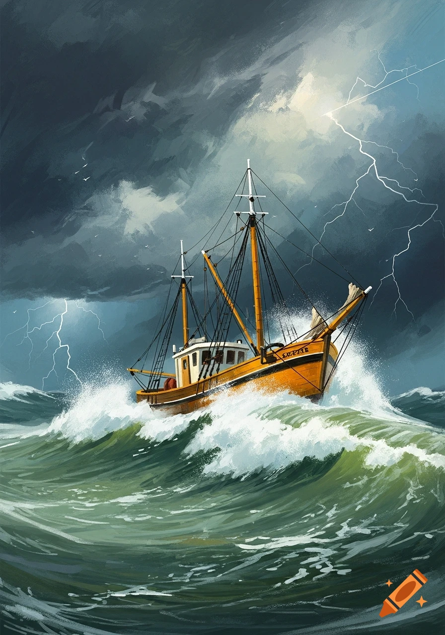 Painting of a fishing boat battling massive waves during a lightning storm, rendered in an impressionistic style.