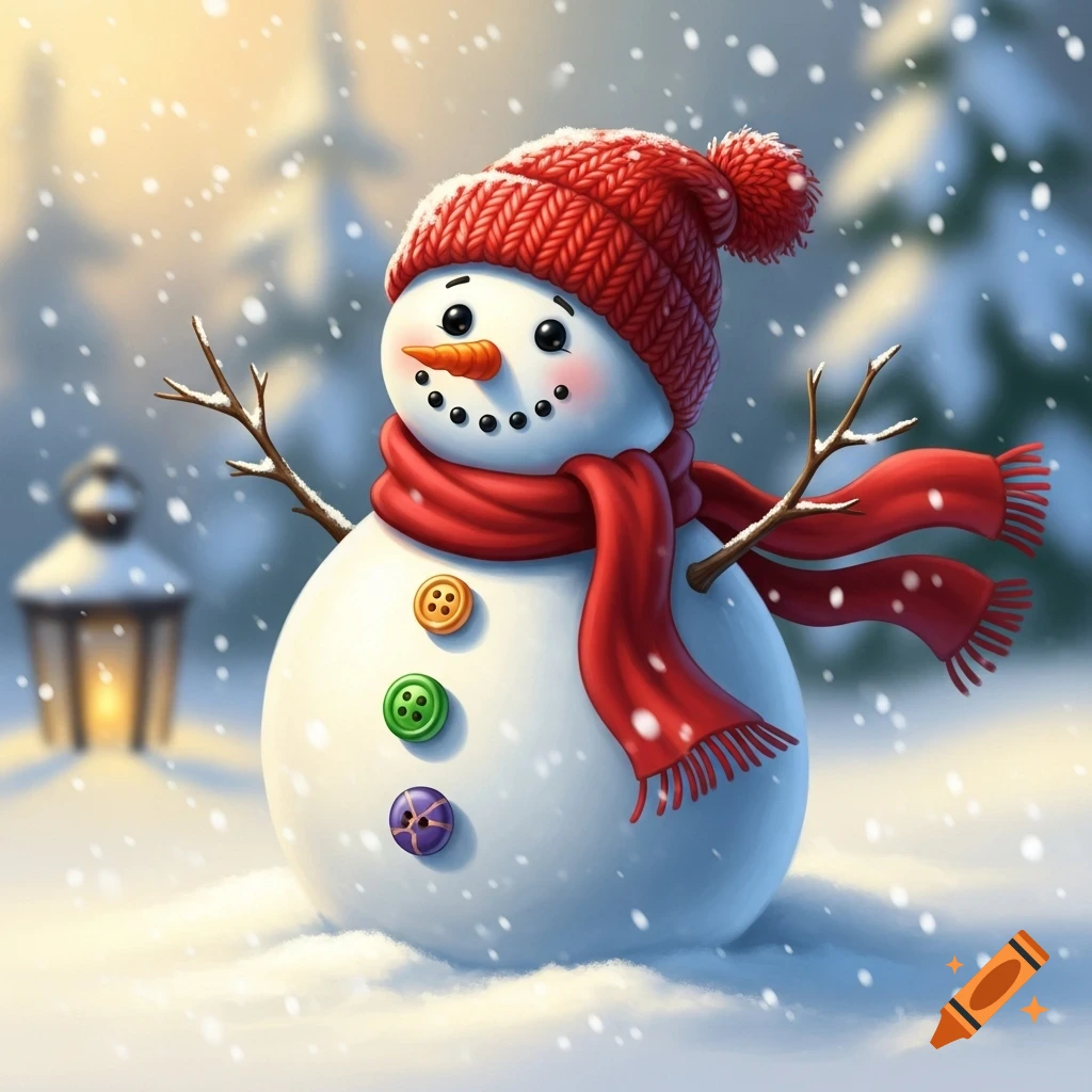 A cute snowman in a red hat and scarf stands in a snowy landscape with falling snowflakes, a lantern in the background.