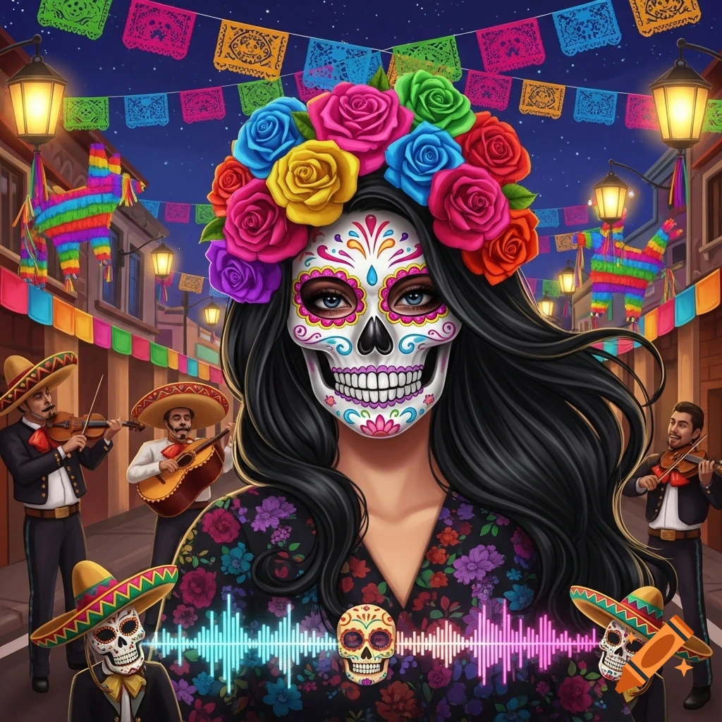 Vibrant illustration of a woman with a sugar skull face and a crown of colorful roses, celebrating at a Mexican fiesta with musicians under banner decorations.