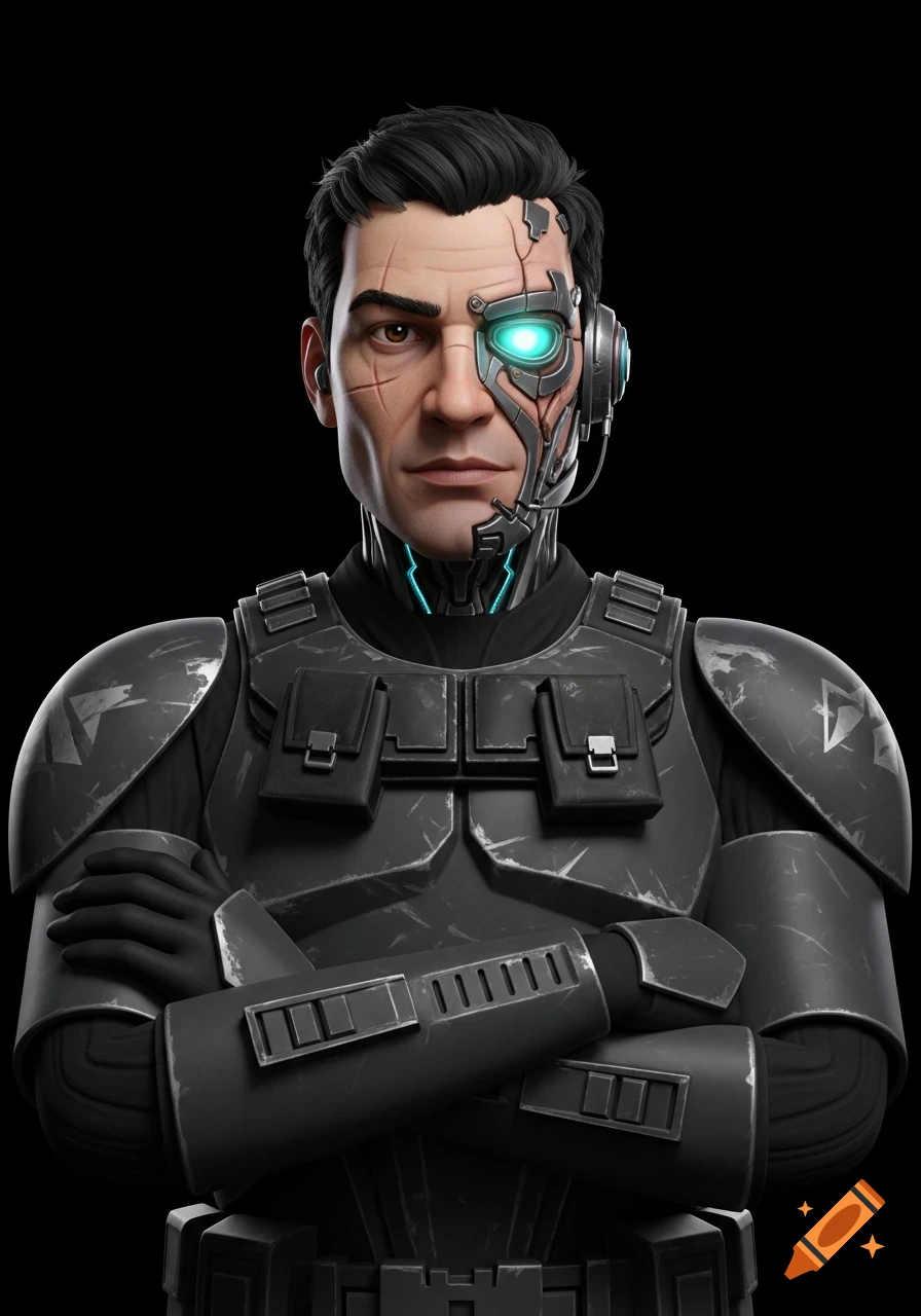 Stylized 3D portrait of a half-cyborg clone trooper in dark armor with glowing blue eye, arms crossed, on black background.