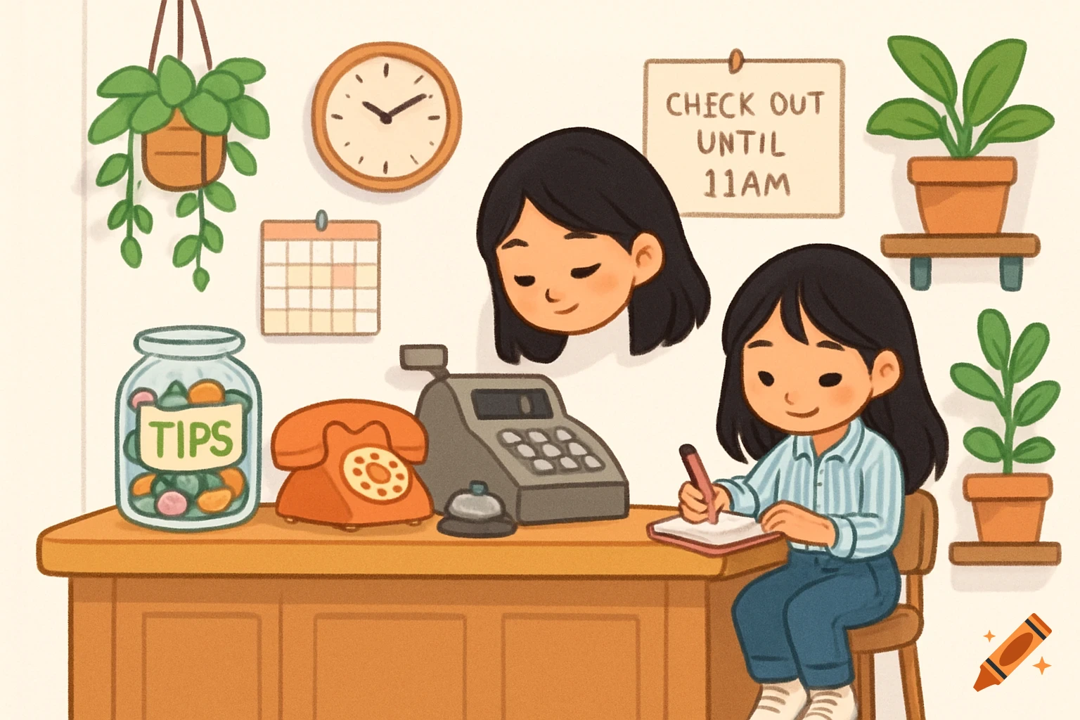 Cute cartoon illustration of an Asian girl writing at a cozy checkout desk with a tip jar, phone, cash register, plants, clock, and 'Check out until 11am' sign.