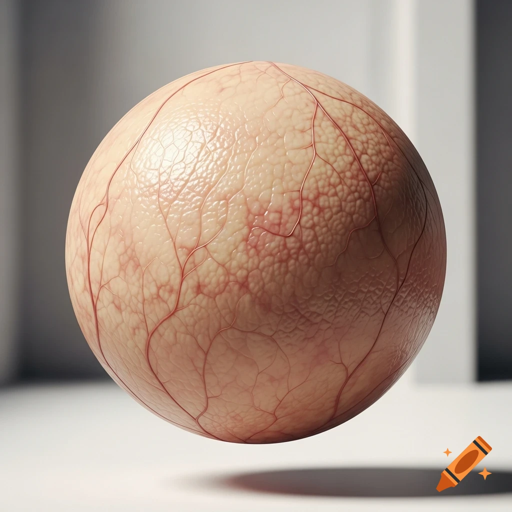 A skin-textured sphere with prominent red veins floats in a sterile white room, casting a shadow.