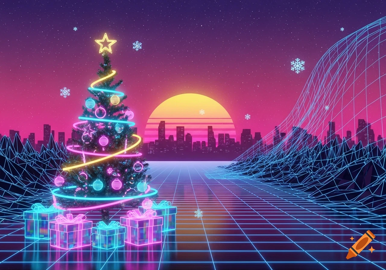 Neon Christmas tree and presents in a vaporwave cityscape with a grid floor, glowing sunset, and purple sky.