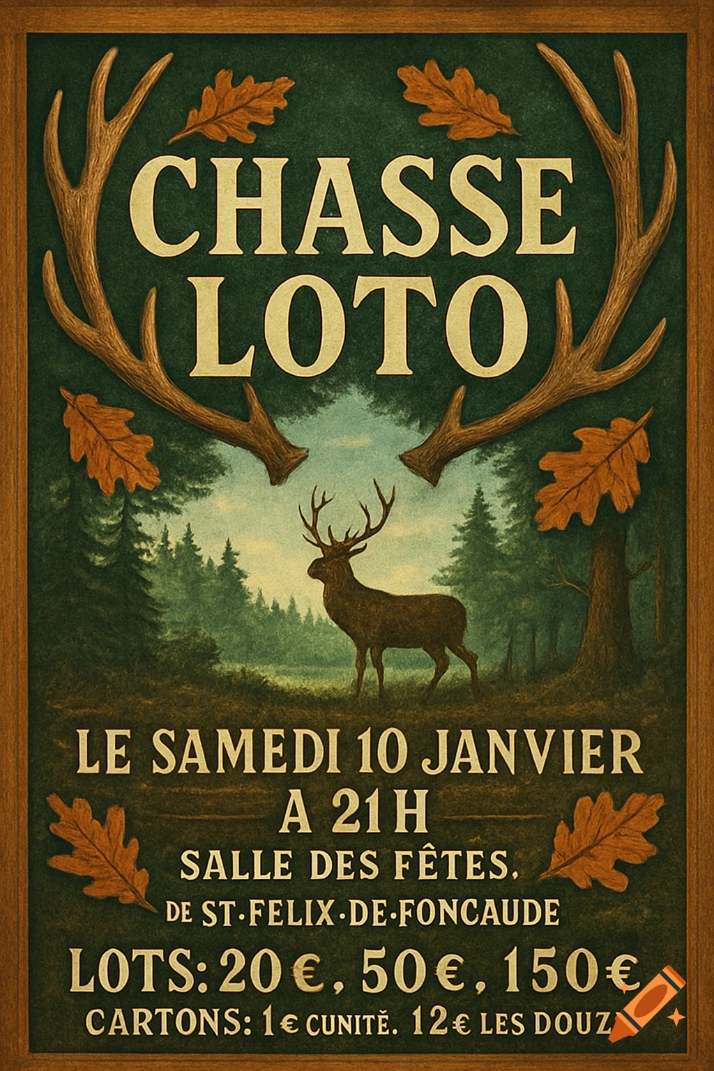 A vintage-style poster for a 'Chasse Loto' (hunting bingo), featuring a deer in a forest surrounded by antlers and oak leaves, with event details in French.