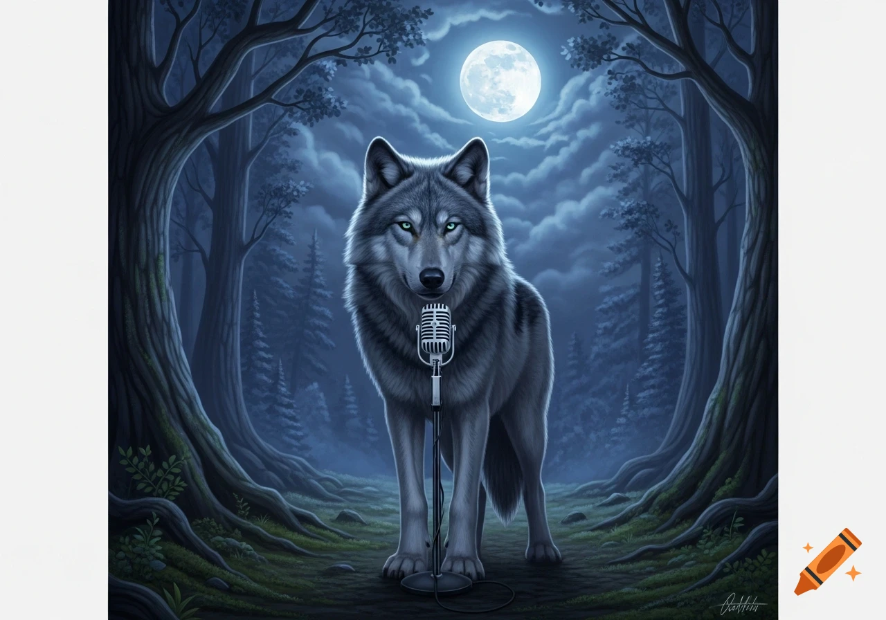 A stylized wolf with glowing eyes stands in a dark forest under a full moon, with a vintage microphone in front of it.