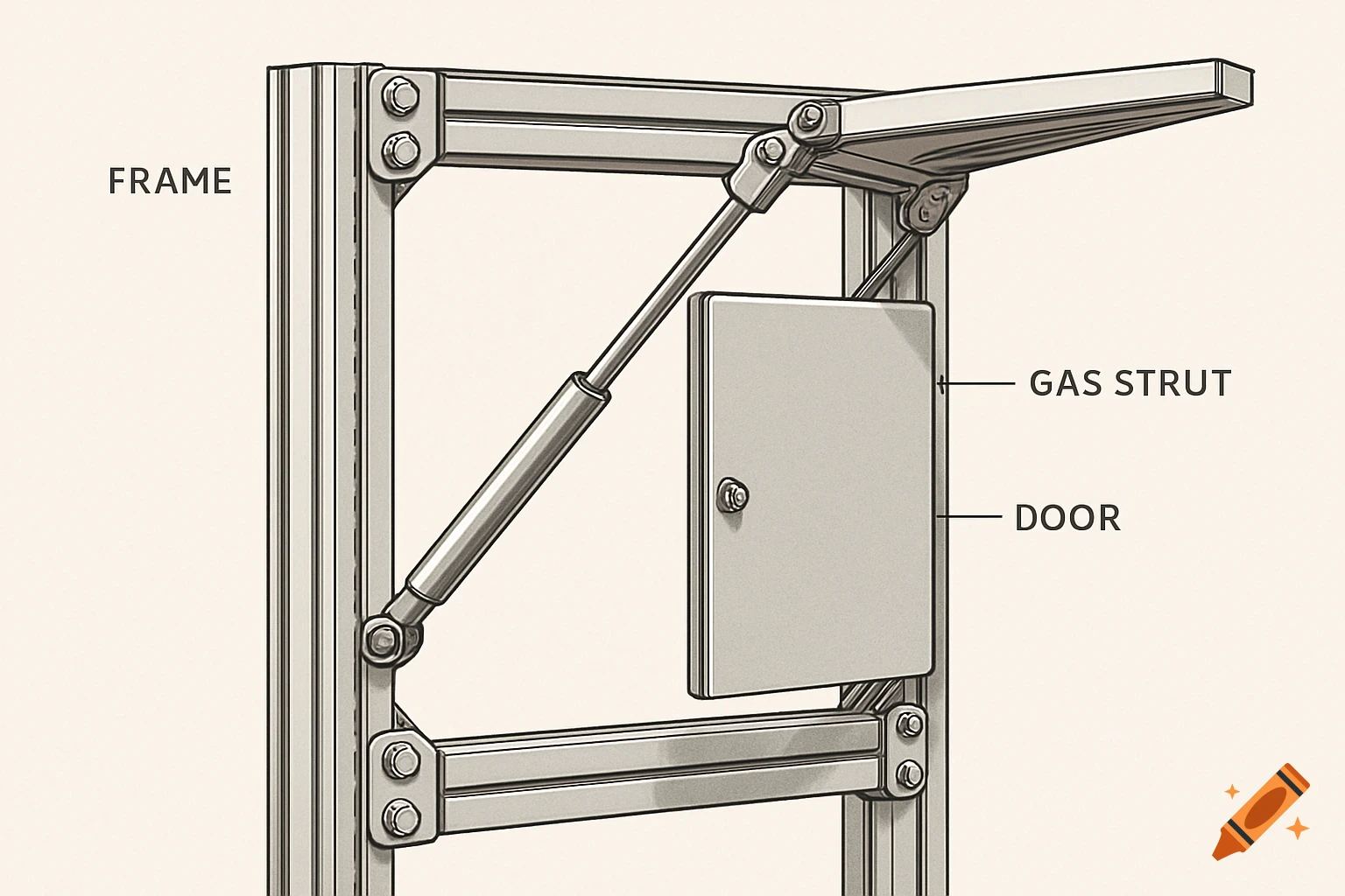 A detailed technical illustration of a mechanical assembly with a gas strut, frame, and door, featuring labels.