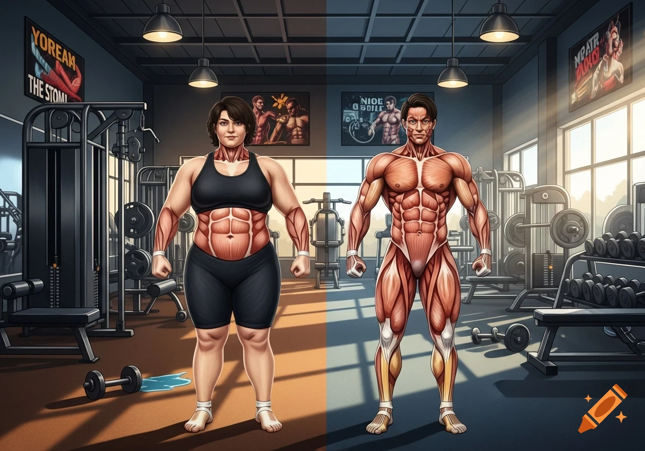 Split image of a woman with fat and muscle anatomy on the left and a man with detailed muscle anatomy on the right, both in a gym setting.