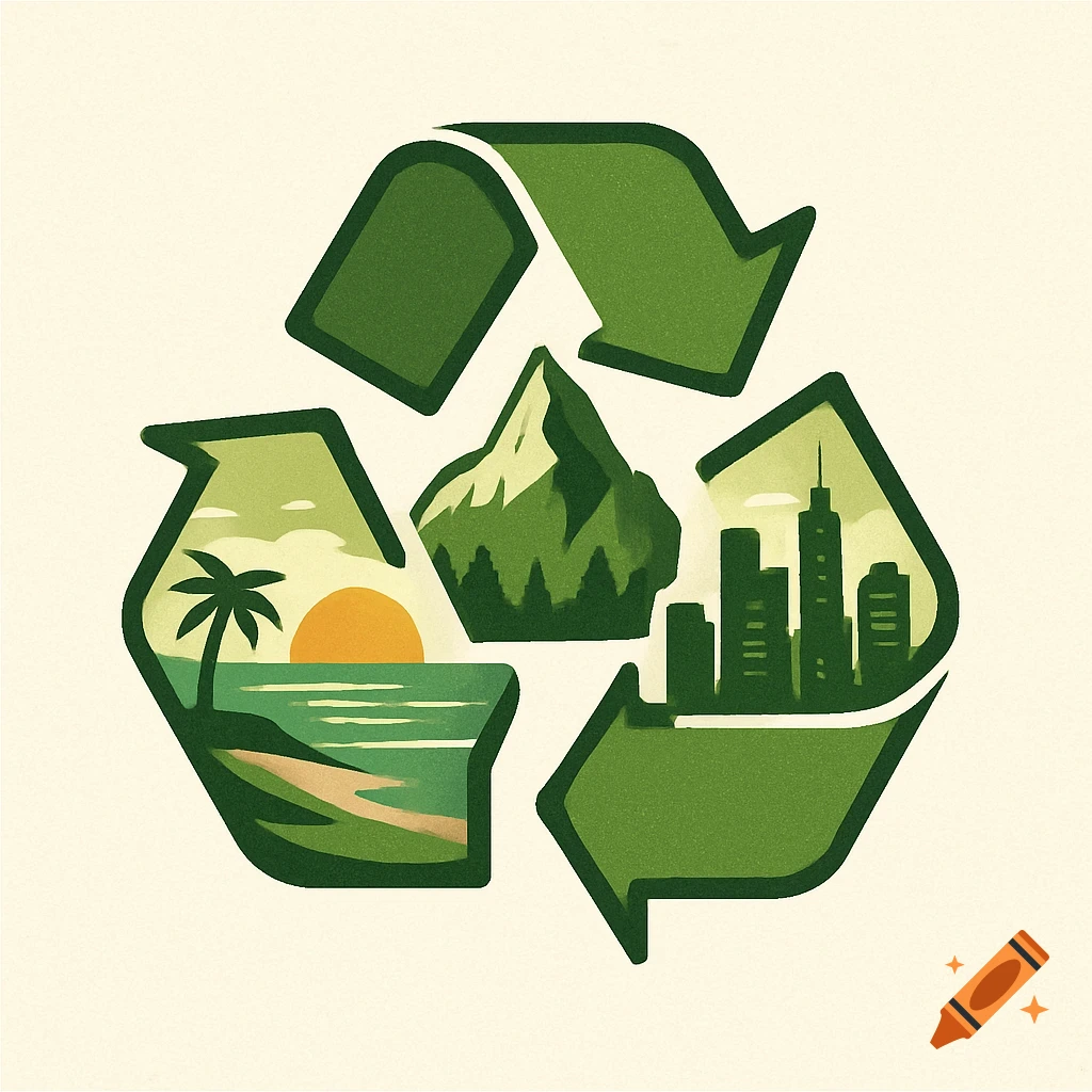 A stylized green recycling logo containing a beach with a sunset, a mountain range with trees, and a city skyline.