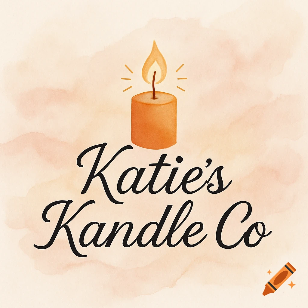 Watercolor logo for Katie's Kandle Co, featuring an orange candle with a lit flame on a light background.