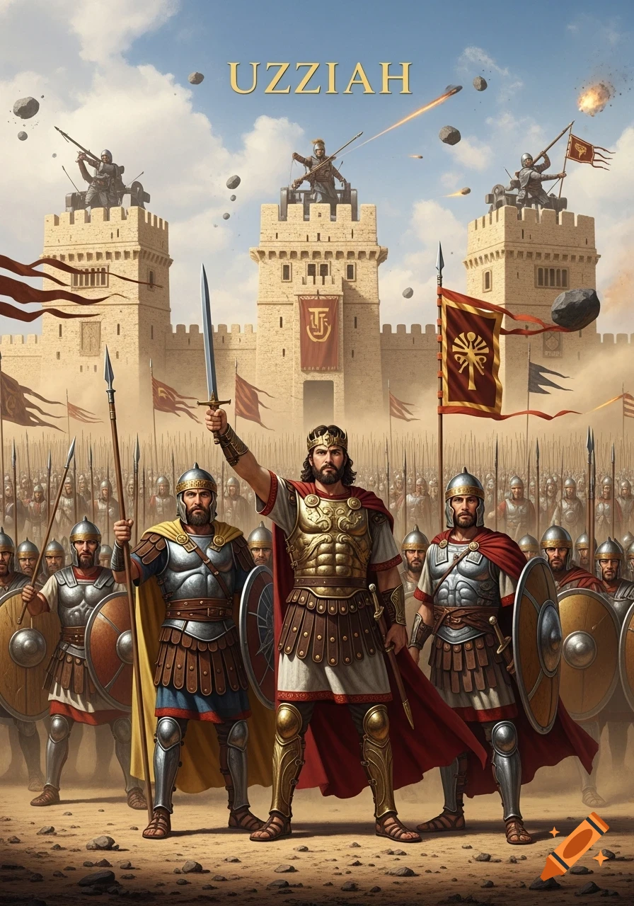 A king in golden armor raises a sword, flanked by two soldiers, with an army and a fortified castle under siege in the background. The text "UZZIAH" appears above the castle.