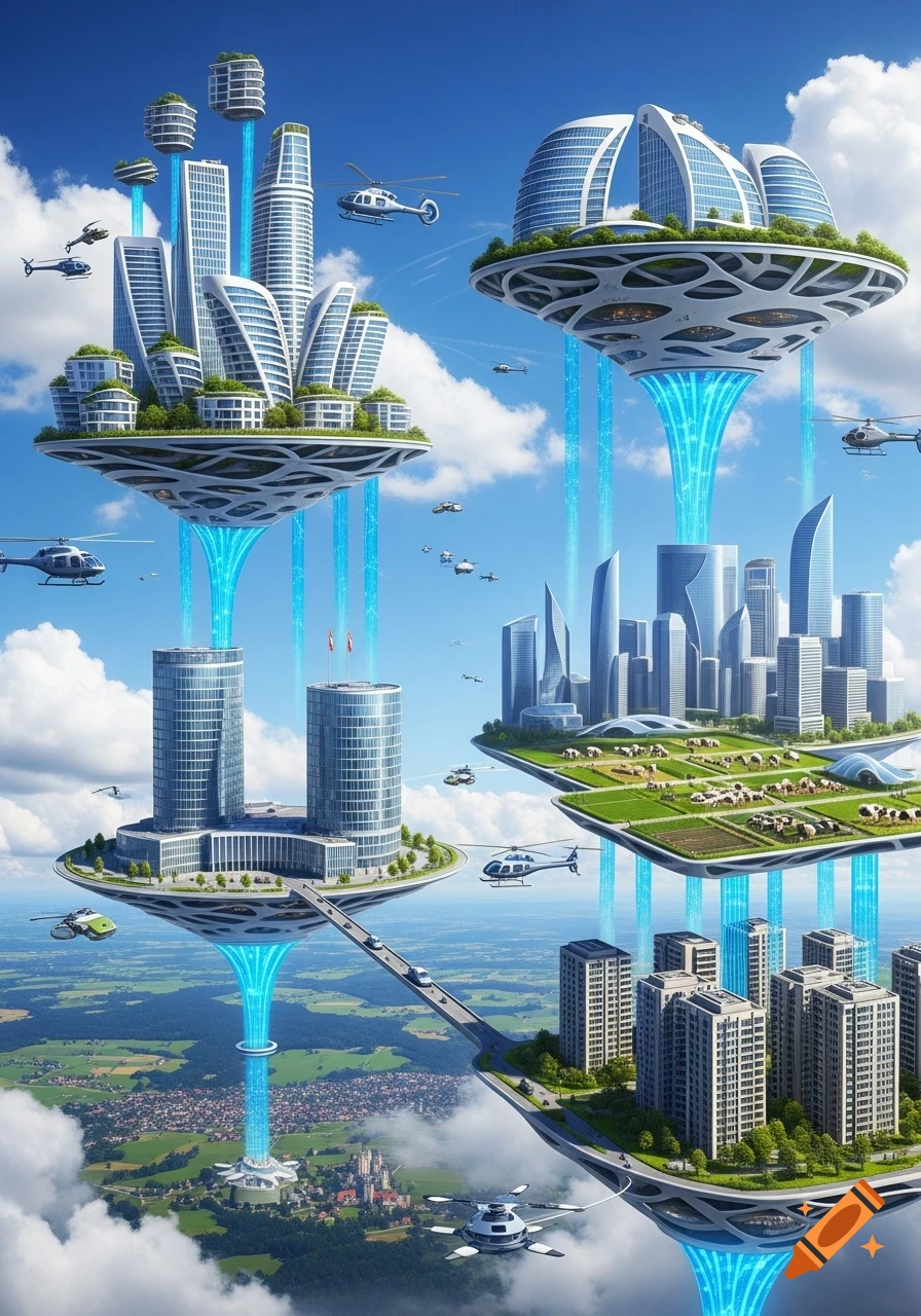 A vibrant, futuristic city in the clouds with towering modern buildings, flying helicopters, and elevated farms, connected by glowing blue energy beams.