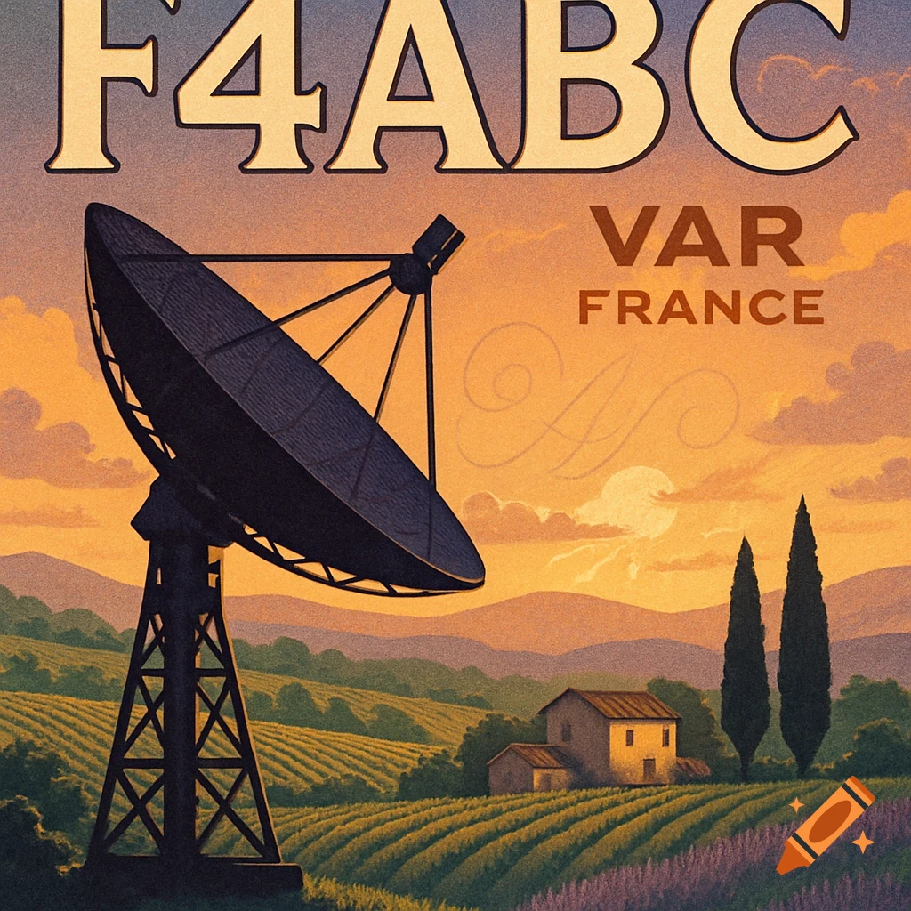 Vintage poster of a large satellite dish overlooking a rural French landscape with rolling hills, fields, a small house, and cypress trees under a warm sky. Text reads "F4ABC" and "VAR FRANCE".