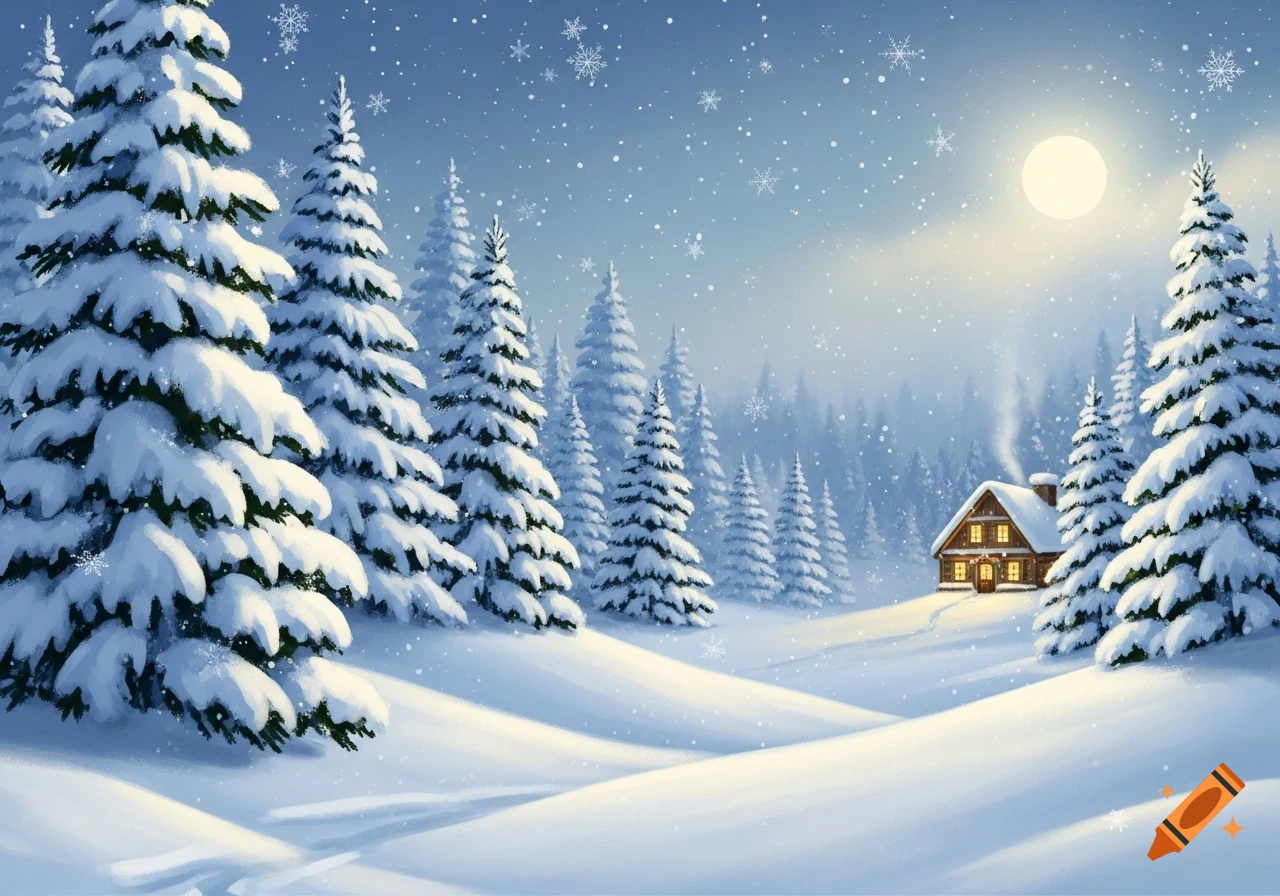 A serene winter landscape with snow-covered pine trees, a cozy cabin with glowing windows, and falling snowflakes under a full moon.