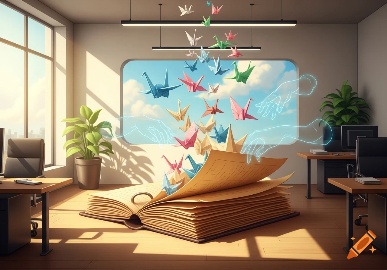 Colorful origami cranes fly from an open book in a bright modern office, with glowing hands in the background.