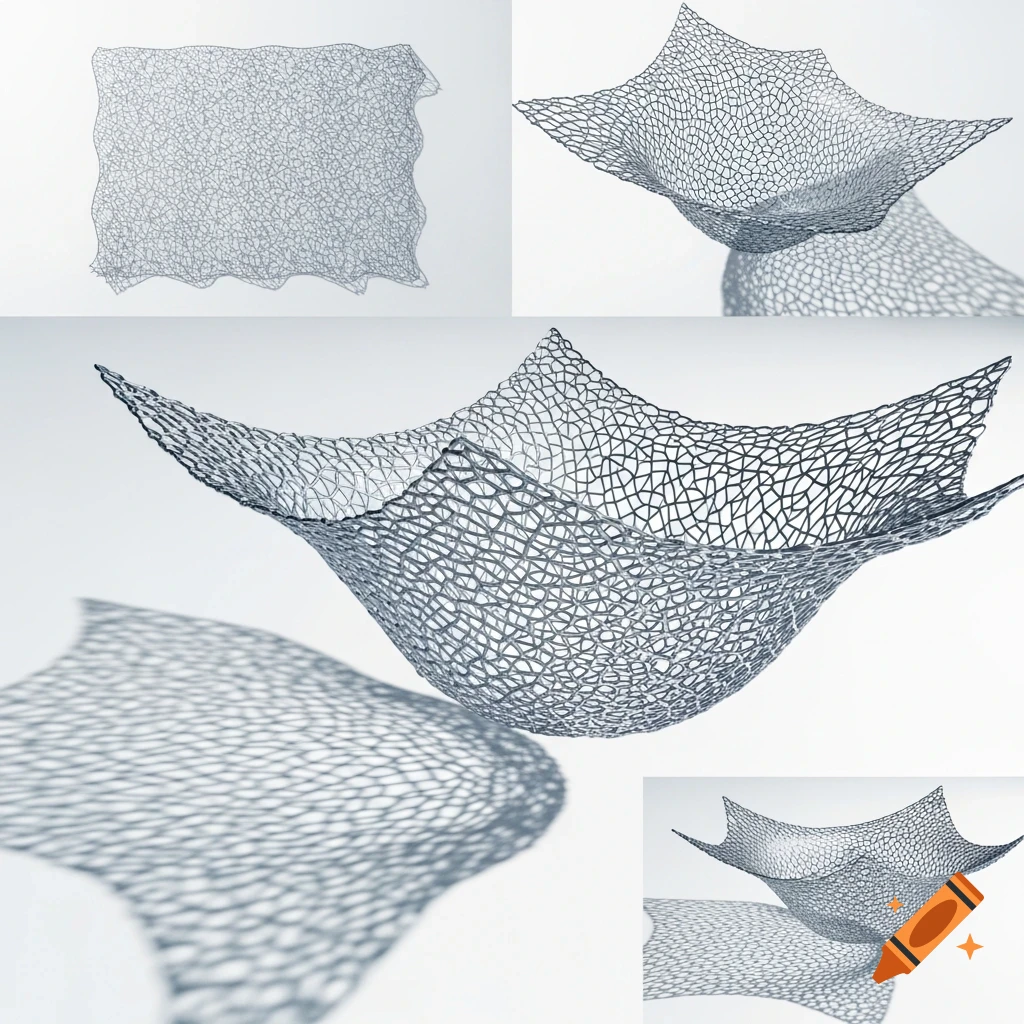 A collage of 3D rendered gray mesh net structures in various shapes, from flat to curved, with reflections on a white background.