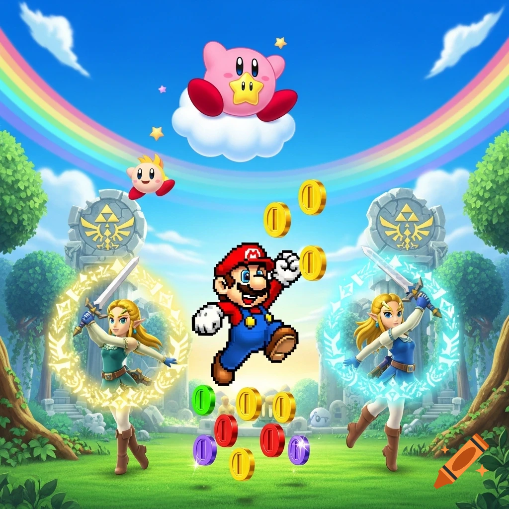 Pixelated Mario jumps among coins with two Zelda characters, a large Kirby on a cloud, and a rainbow in a bright fantasy landscape.