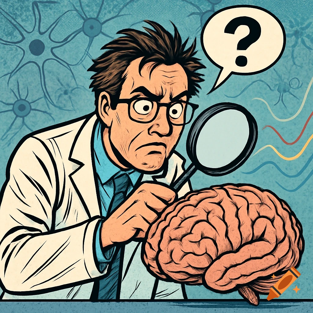 Comic art of a perplexed scientist in a lab coat examining a human brain with a magnifying glass, with a question mark in a speech bubble above his head.