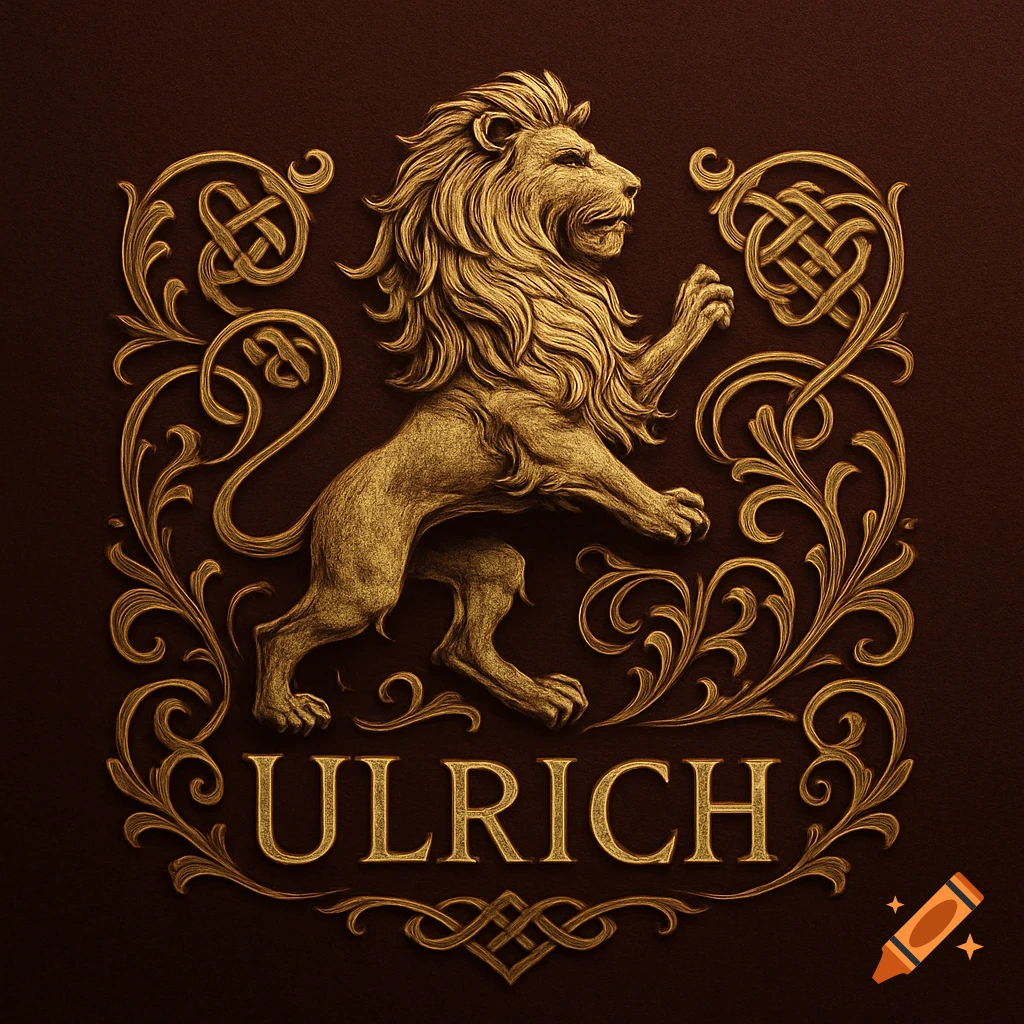 Golden lion crest with ornate baroque scrolls and the name ULRICH on a dark brown background, rendered in detailed 3D.