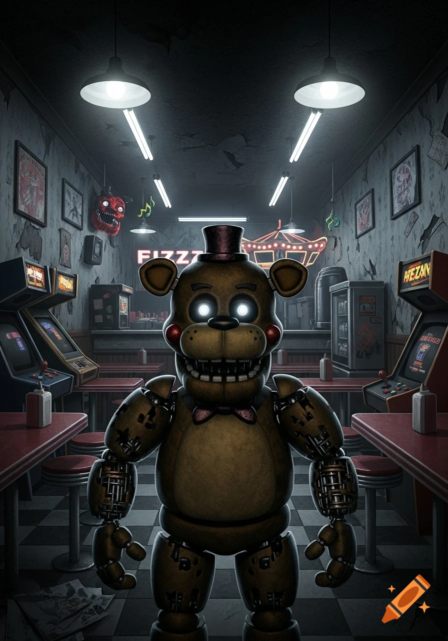 A brown animatronic bear with glowing eyes and a top hat stands in a dark, run-down arcade diner with arcade machines and tables.