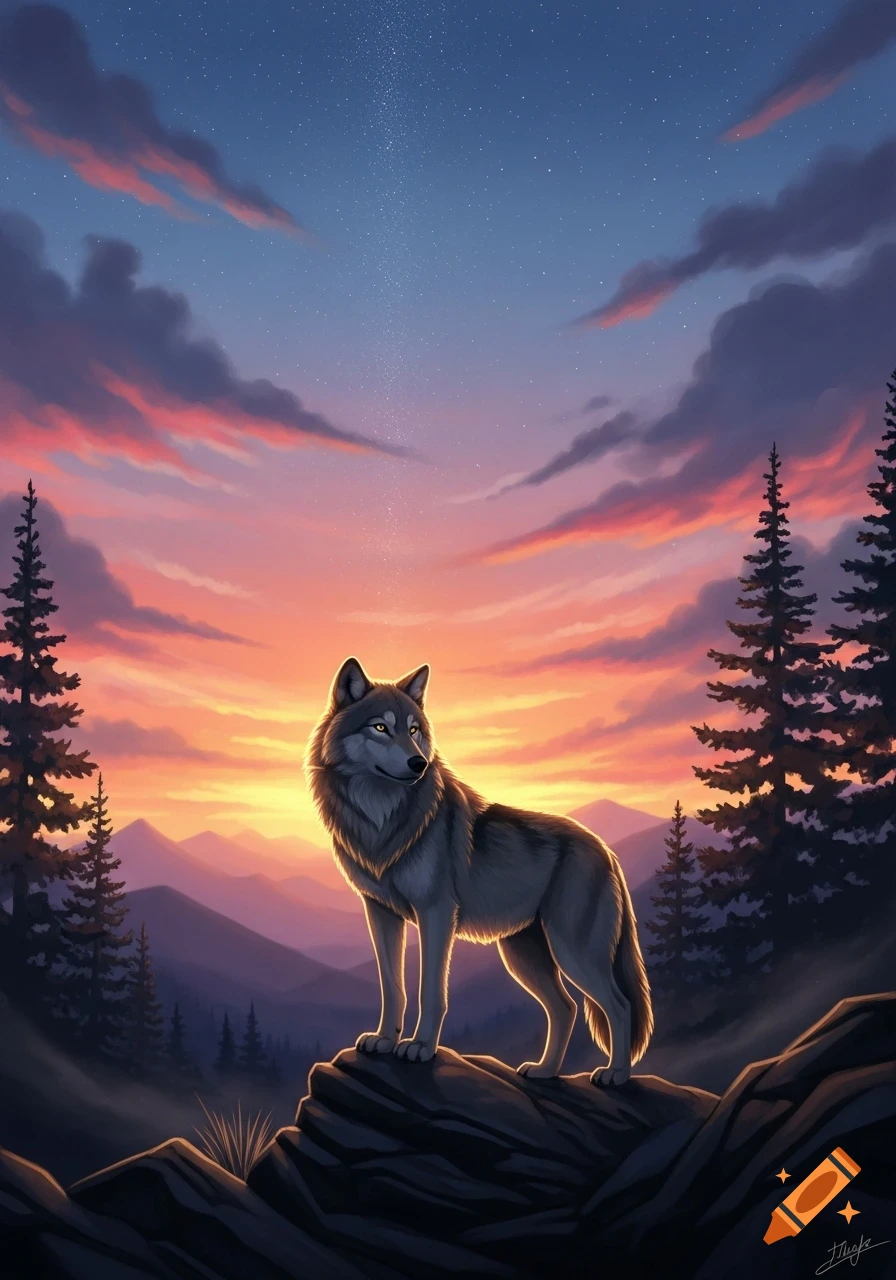 An illustrated wolf stands on dark rocks, gazing right, against a vibrant sunset sky over a mountain forest.