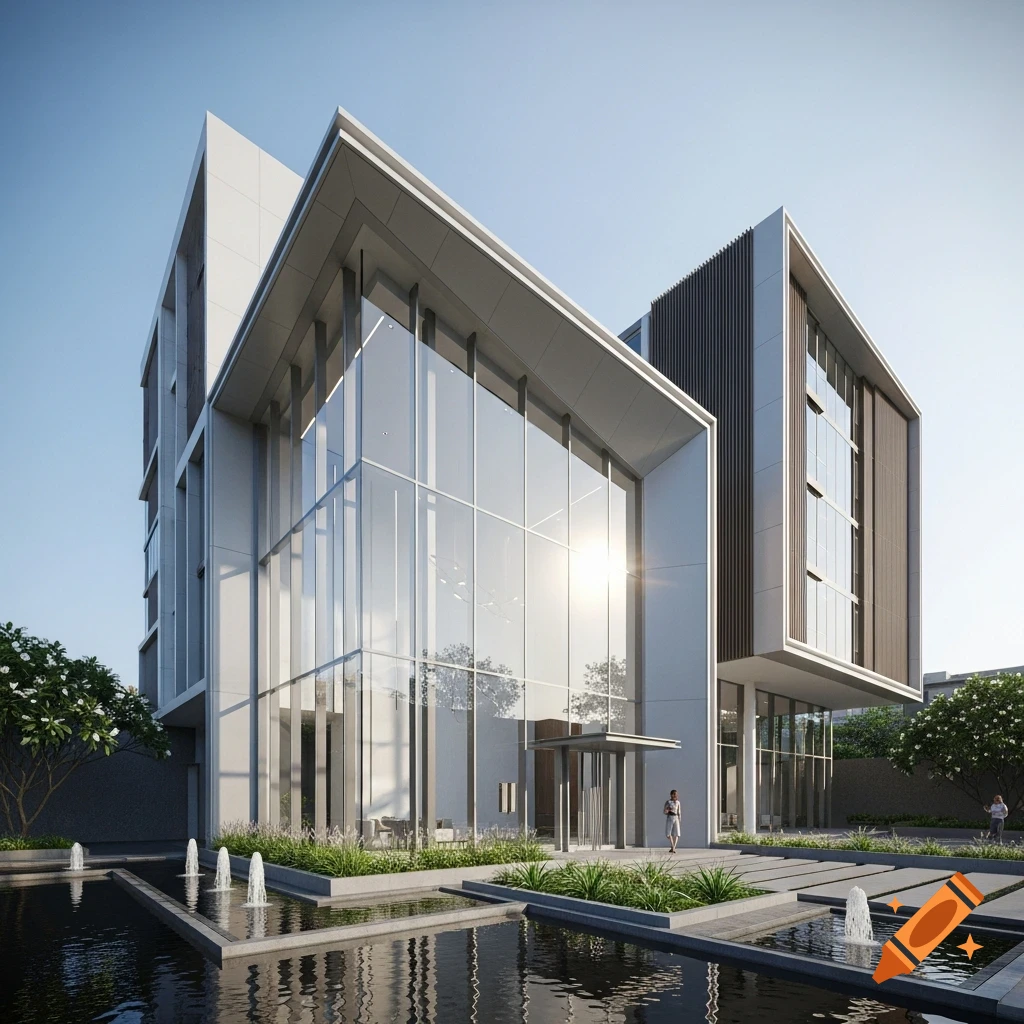 Photorealistic rendering of a sleek, modern building with a glass facade and surrounding water features, under a clear blue sky.