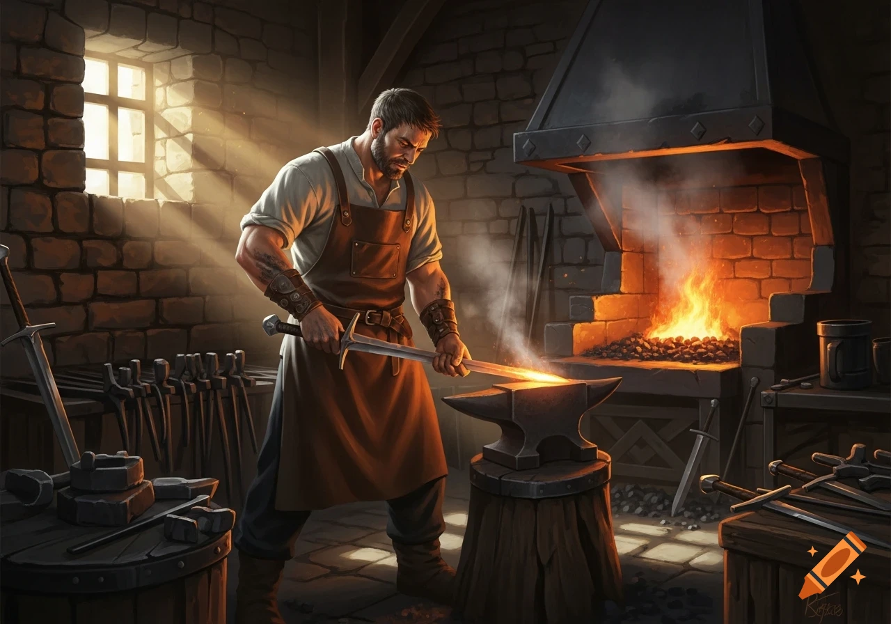 A muscular blacksmith in a medieval forge heats a sword on an anvil, bathed in light from a window.