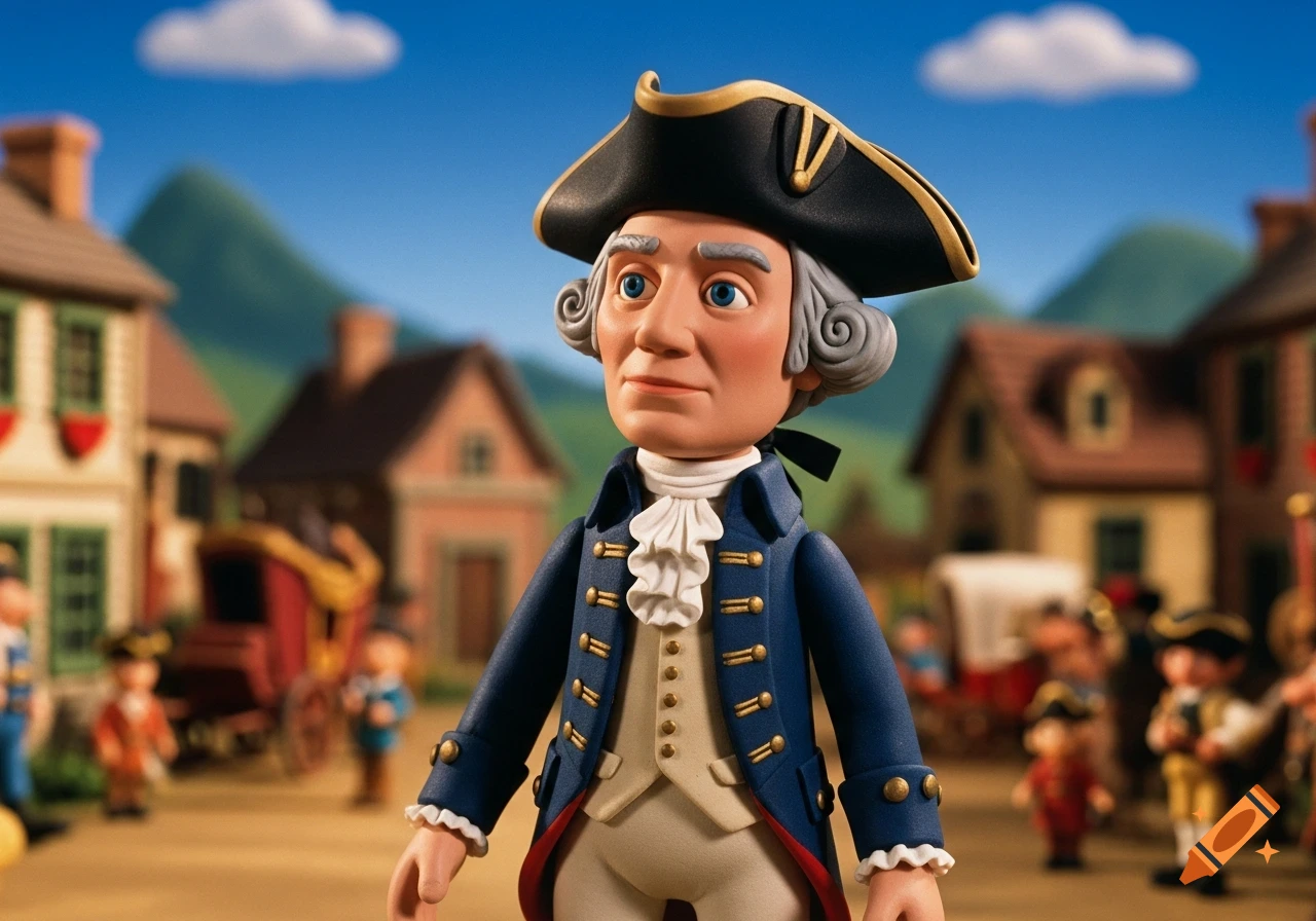 A claymation puppet of George Washington in a colonial village.