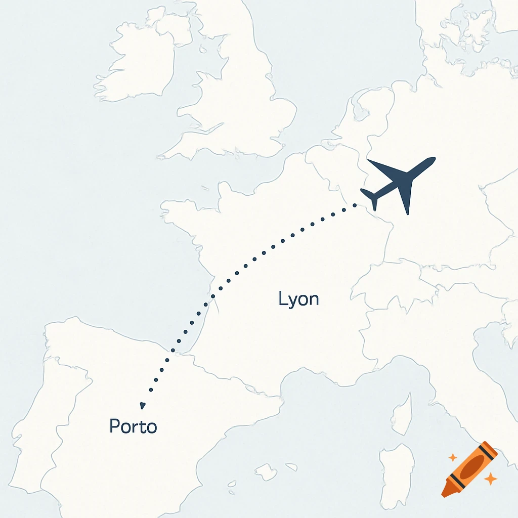 Minimalist map of Europe showing an airplane flying along a dotted trajectory line from Lyon, France to Porto, Portugal.