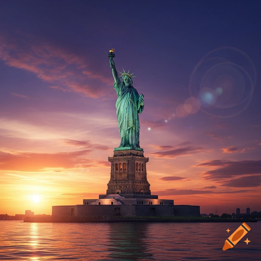 Photorealistic image of the Statue of Liberty at sunset, rising from the water with a vibrant orange and purple sky.