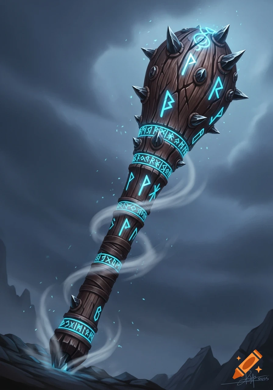 A wooden fantasy club covered in sharp spikes and glowing blue runes, emanating a blue mist from its base.