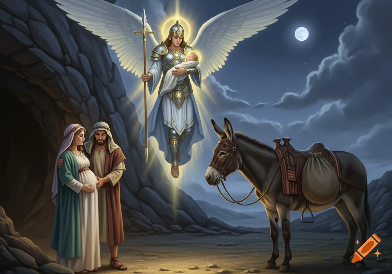 A warrior angel with wings and armor descends, holding a baby, towards a pregnant Mary and Joseph by a cave at night, with a saddled donkey nearby.