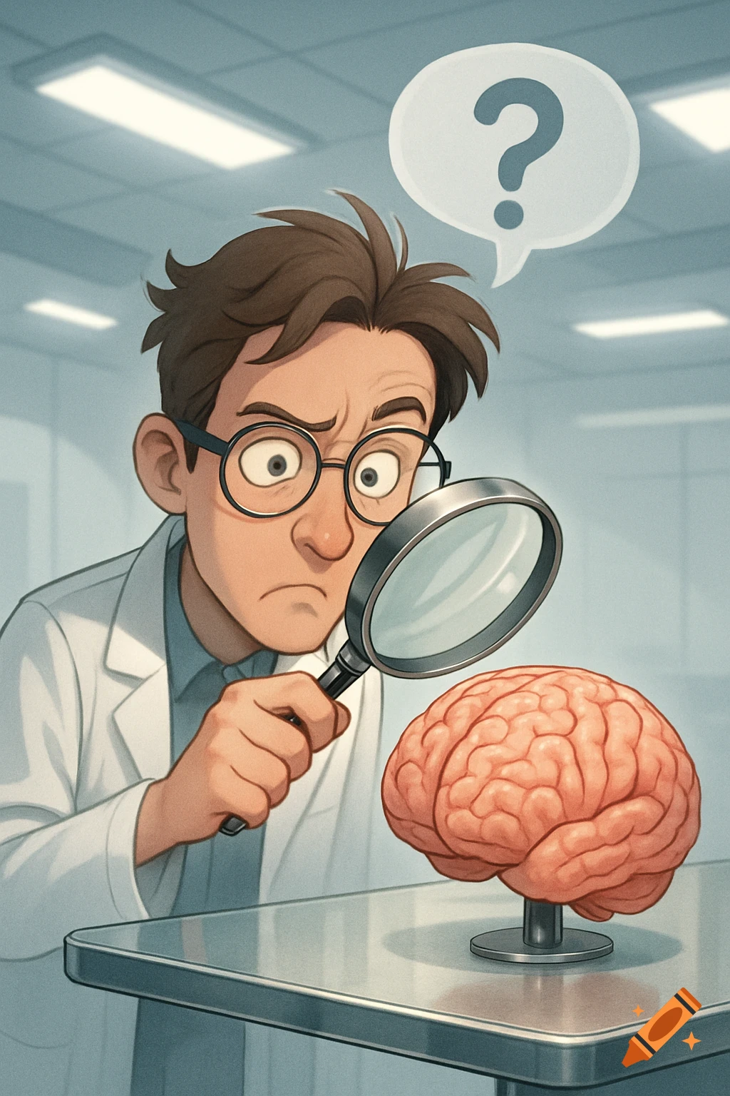 A cartoon scientist in a lab coat looks thoughtfully at a human brain through a magnifying glass, with a question mark in a speech bubble above his head.