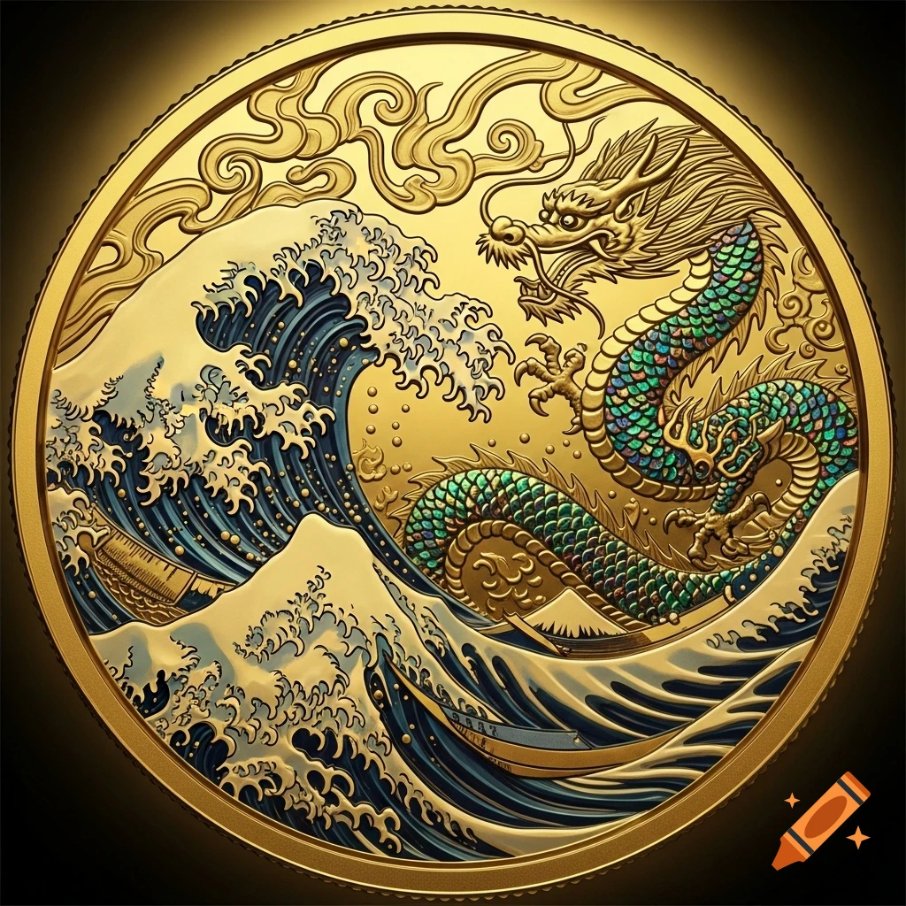 A detailed gold coin depicting an ornate green and gold dragon amidst large blue and white ocean waves.