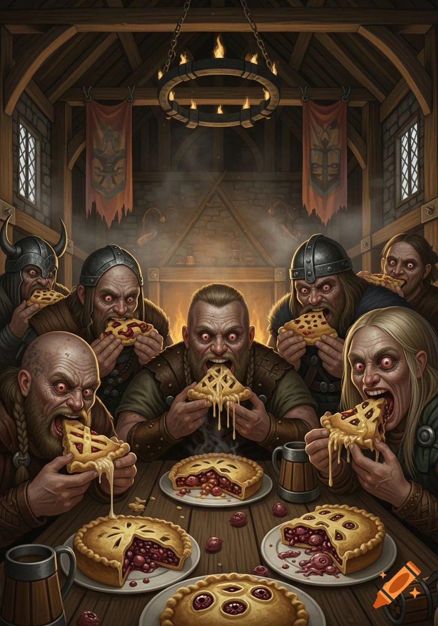 Grotesque Vikings with glowing red eyes aggressively devour cherry pies in a rustic tavern, depicting a nightmare scene.