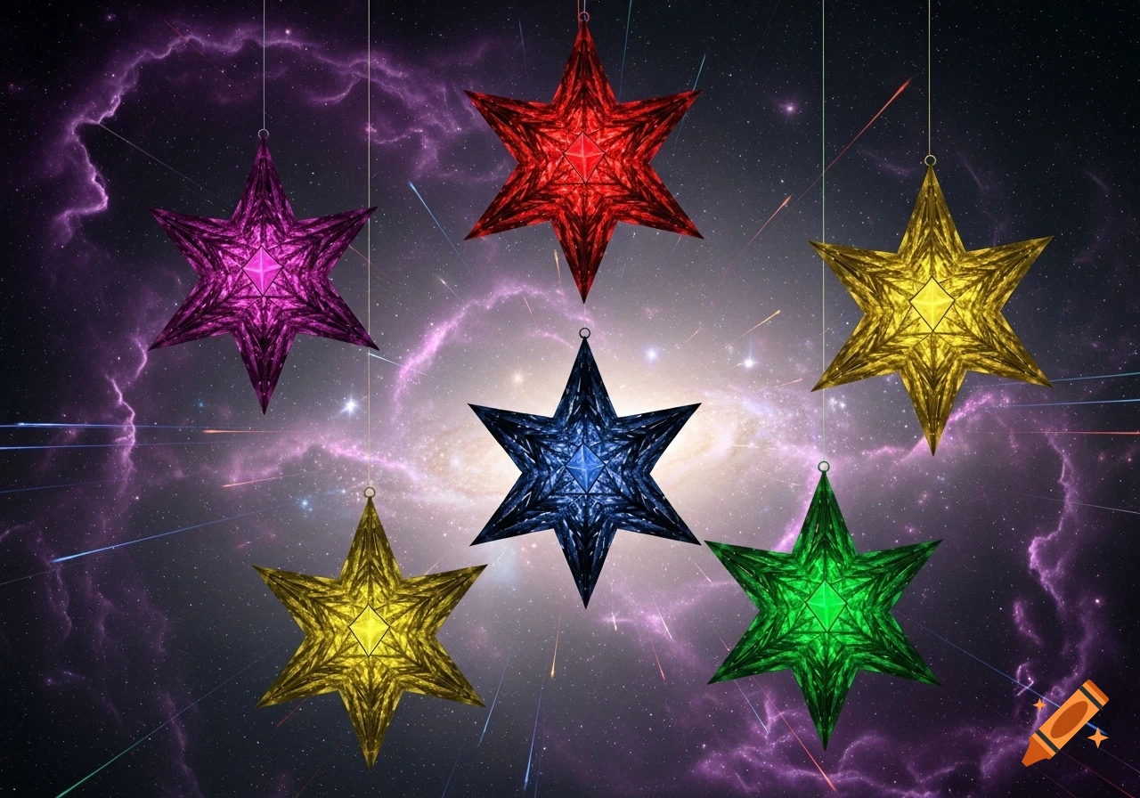 Six faceted, multi-colored star-shaped gems hang against a vibrant cosmic nebula and starfield.