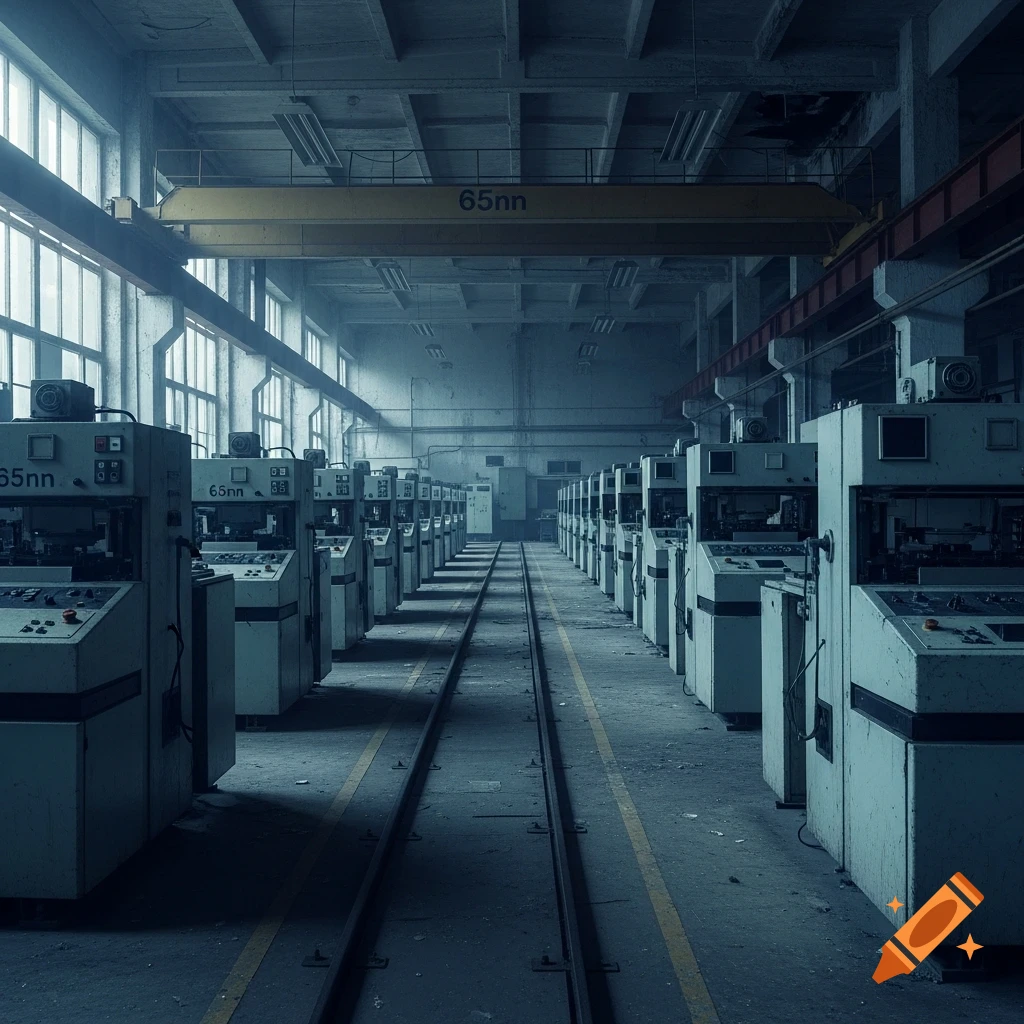 Abandoned Soviet-era electronics factory with rows of outdated machines, a central track, and a yellow crane, bathed in cold blue light.