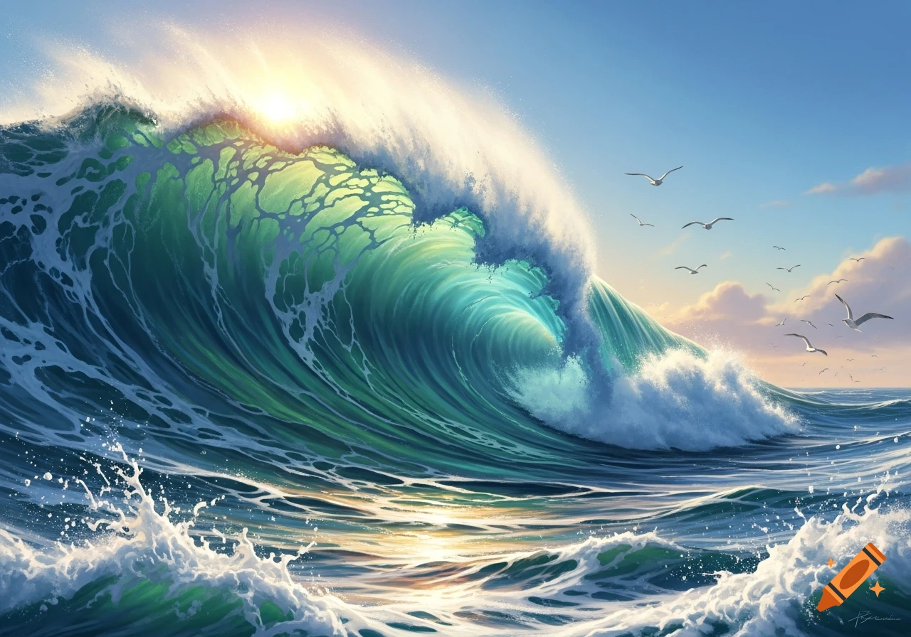 A massive turquoise and green ocean wave crests under a bright sun, with seagulls flying in a clear sky.