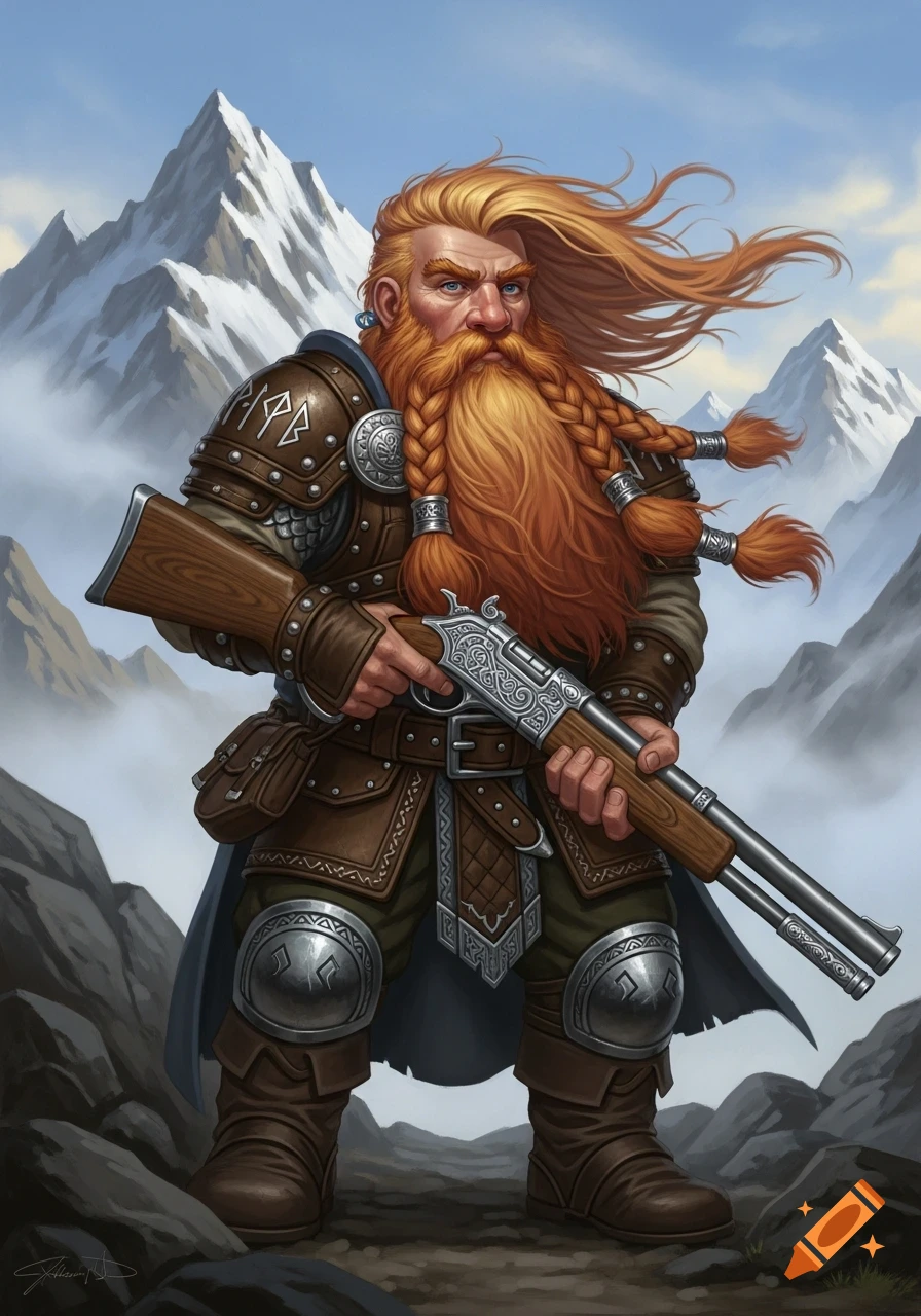 A dwarf with a long, braided red beard and strawberry blond hair holds a rifle, standing in a rocky mountain landscape.