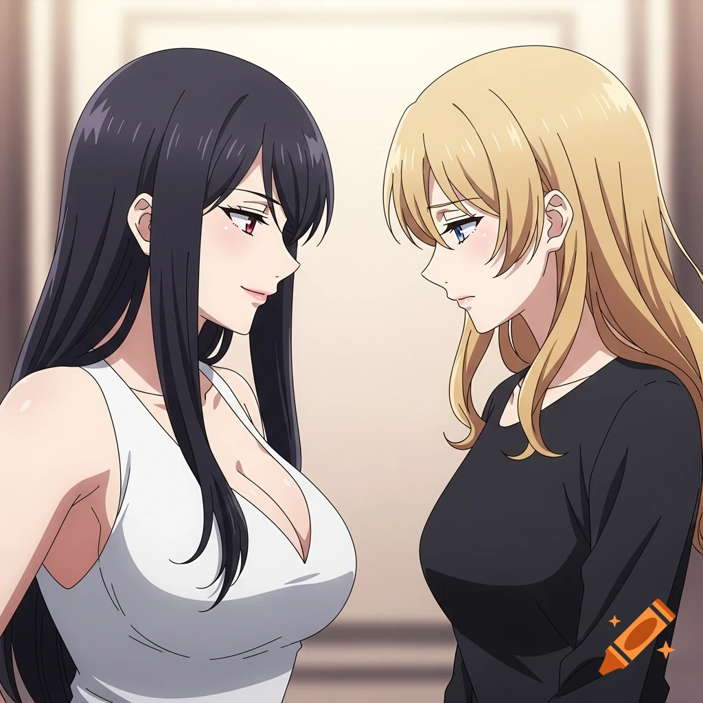 Anime portrait of two women facing each other; one with long black hair and a white v-neck, the other with golden hair and a black dress.