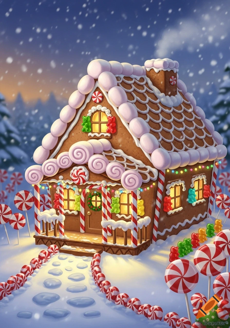 A charming gingerbread house decorated with marshmallow fluff, candy canes, gummy bears, and peppermints, under a snowy night sky.