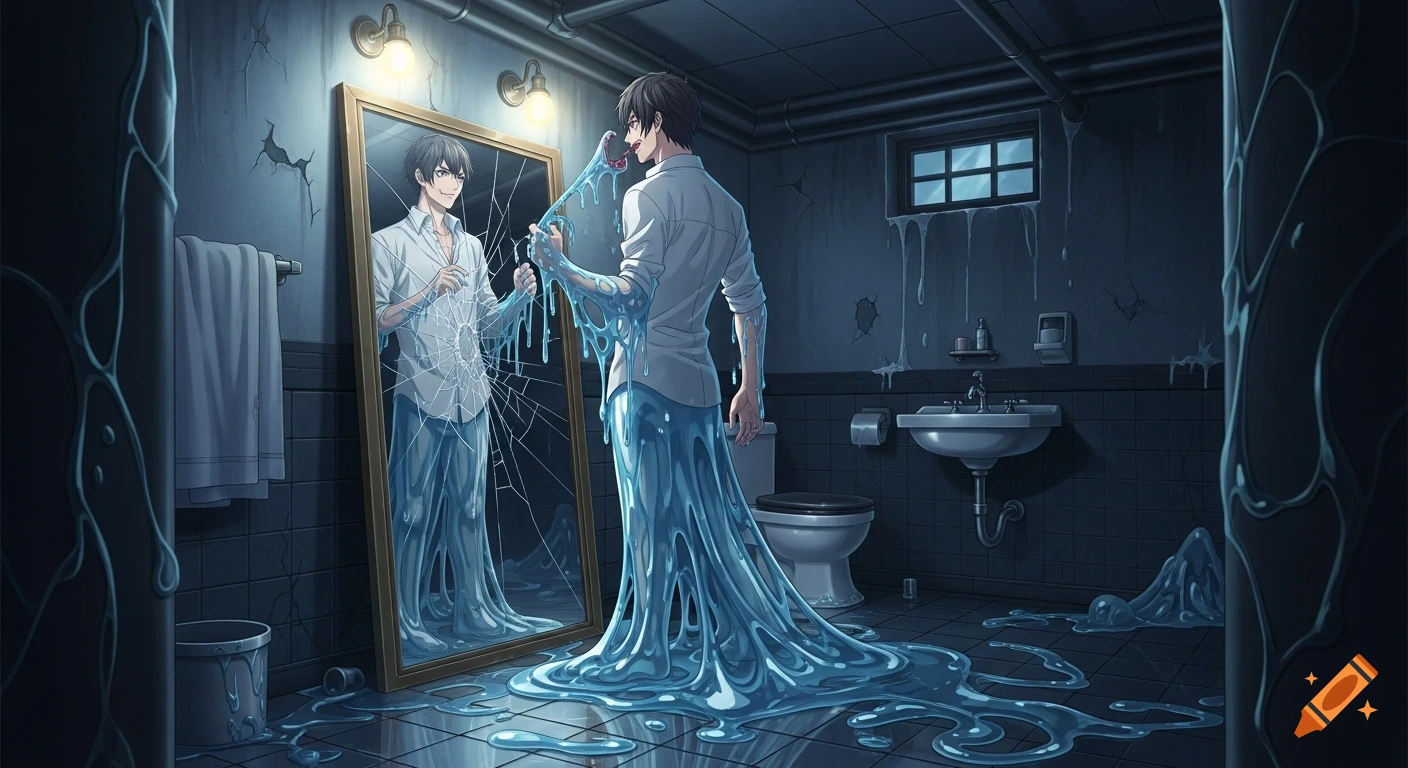 An anime man, half human and half slimy creature, stares repulsed at his reflection in a cracked mirror in a gloomy, slime-covered basement bathroom.