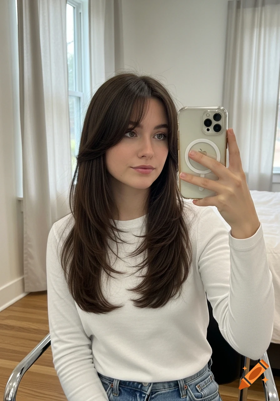 A young woman with long dark layered hair and curtain bangs takes a mirror selfie in a white long-sleeved shirt and jeans.
