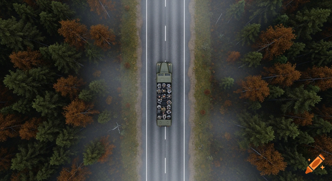 Top-down view of a military truck carrying people on a road through a dense autumn forest with muted colors and fog.