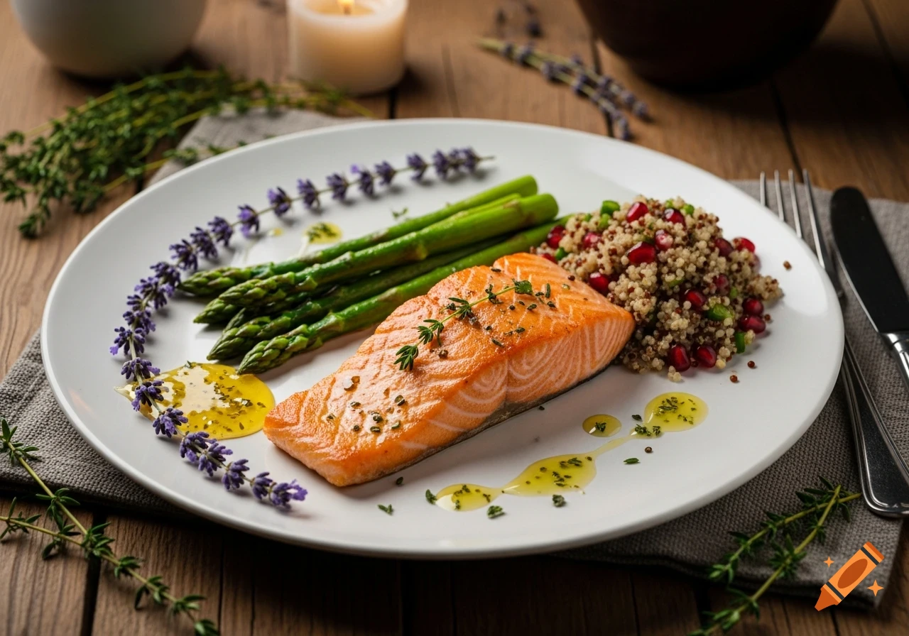A photorealistic plate of pan-seared salmon with asparagus, quinoa salad, and olive oil, garnished with lavender, on a wooden table.